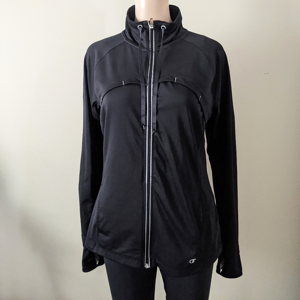 Champion track zip up black jacket, women's medium